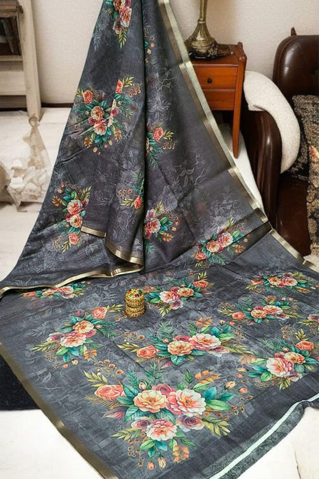 Handloom Floral Linen Soft Silk Cotton Saree - LTS109 Charcoal Grey