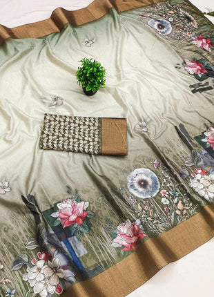 Apple Silk Sarees - Olive Green with floral print