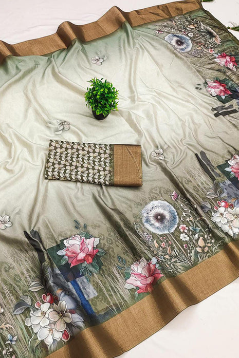 Apple Silk Sarees - Olive Green with floral print