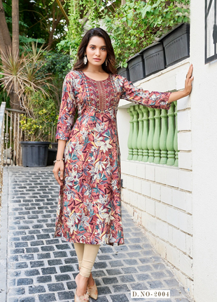 Embroidered Rayon Foil Print Kurti - LTT19 Beige & Pink