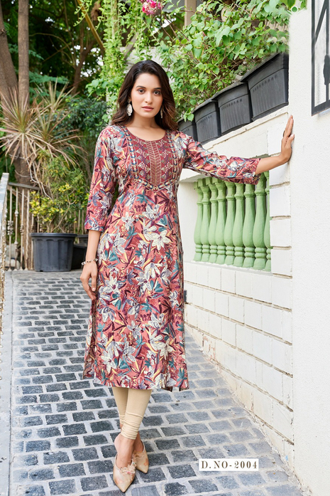 Embroidered Rayon Foil Print Kurti - LTT19 Beige & Pink