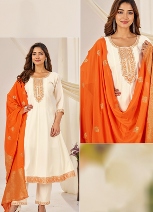 Elegant Roman Silk Suit with Jacquard Dupatta - LTK10 Cream with Orange Dupatta