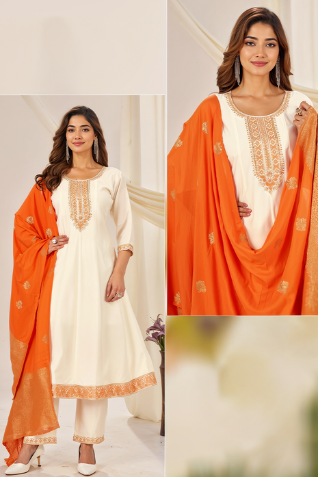 Elegant Roman Silk Suit with Jacquard Dupatta - LTK10 Cream with Orange Dupatta