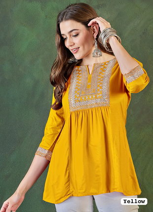 Trending Short Length Kurti with Embroidery Work - LTT24 Yellow