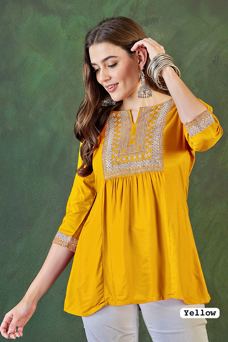 Trending Short Length Kurti with Embroidery Work - LTT24 Yellow