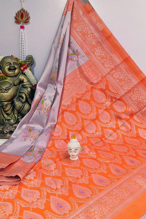 Elite Kupera Korvai Elite Bridal Rapier Fancy Lightweight Silk Sarees - LTS88 Orange & Mettalic Silver