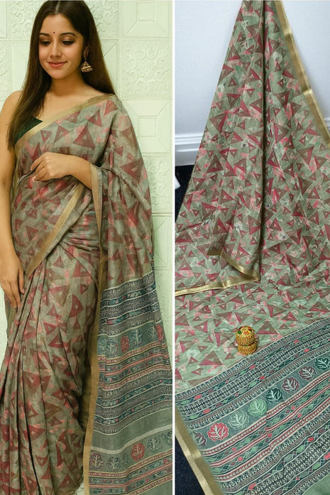 Handloom Floral Linen Soft Silk Cotton Saree - LTS108 Moss Green