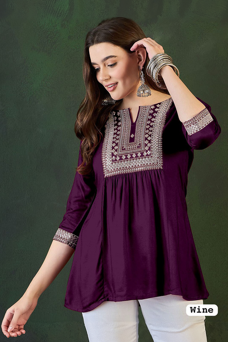 Trending Short Length Kurti with Embroidery Work - LTT23 Wine