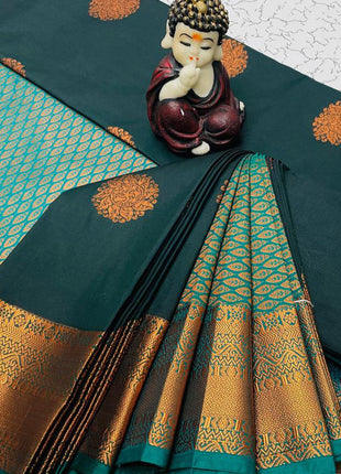Kanchipuram Handloom Soft Silk Saree - LTS137 DarkGreen & Teal Green