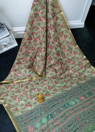 Handloom Floral Linen Soft Silk Cotton Saree - LTS108 Moss Green