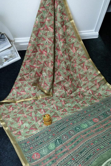 Handloom Floral Linen Soft Silk Cotton Saree - LTS108 Moss Green