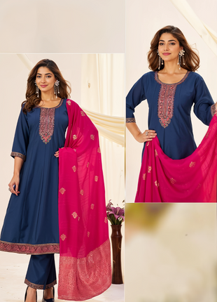 Elegant Roman Silk Suit with Jacquard Dupatta - LTK09 Blue with Pink Dupatta