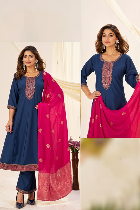 Elegant Roman Silk Suit with Jacquard Dupatta - LTK09 Blue with Pink Dupatta