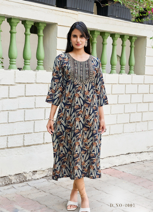 Embroidered Rayon Foil Print Kurti - LTT17 Black with Beige Floral print