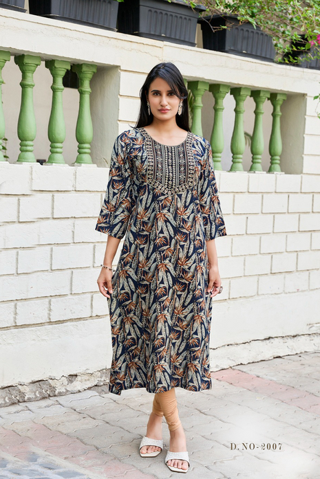 Embroidered Rayon Foil Print Kurti - LTT17 Black with Beige Floral print