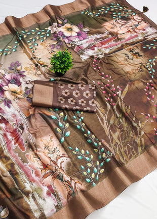 Apple Silk Sarees - Brown & Beige mix with floral print