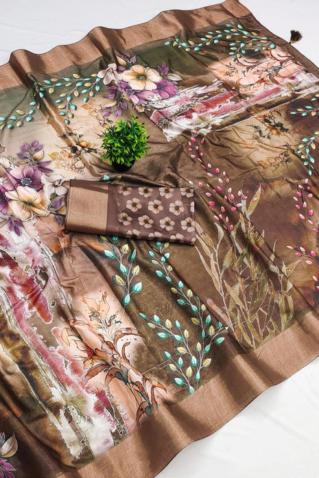 Apple Silk Sarees - Brown & Beige mix with floral print