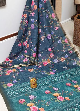 Handloom Floral Linen Soft Silk Cotton Saree - LTS107 Aqua Green