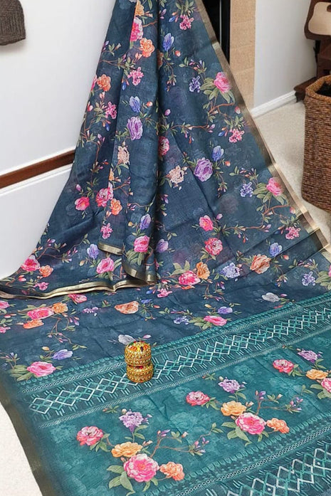 Handloom Floral Linen Soft Silk Cotton Saree - LTS107 Aqua Green