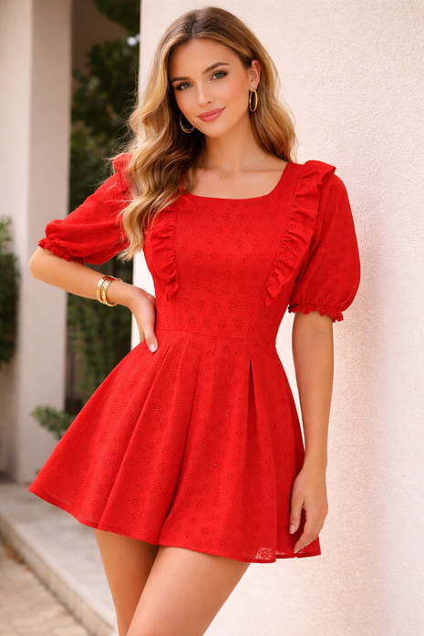 Luna Red Frill Sleeve Dress - LTC20