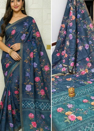 Handloom Floral Linen Soft Silk Cotton Saree - LTS107 Aqua Green