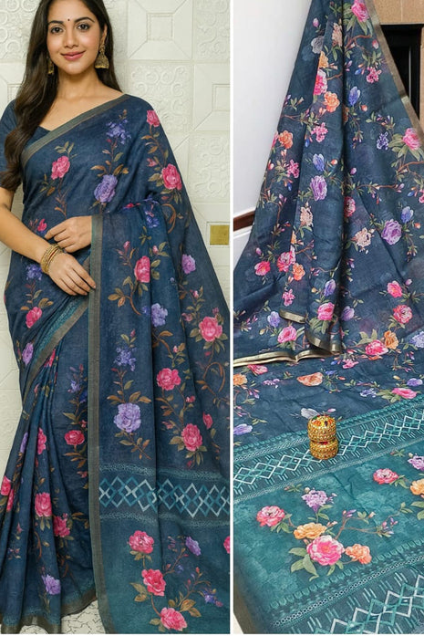 Handloom Floral Linen Soft Silk Cotton Saree - LTS107 Aqua Green