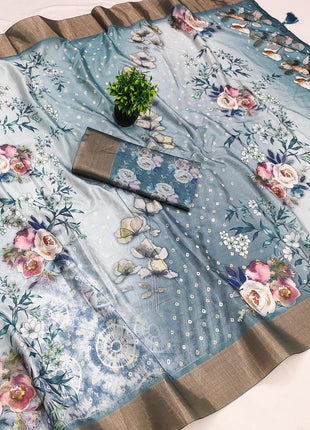 Apple Silk Sarees - Sky Blue with floral print