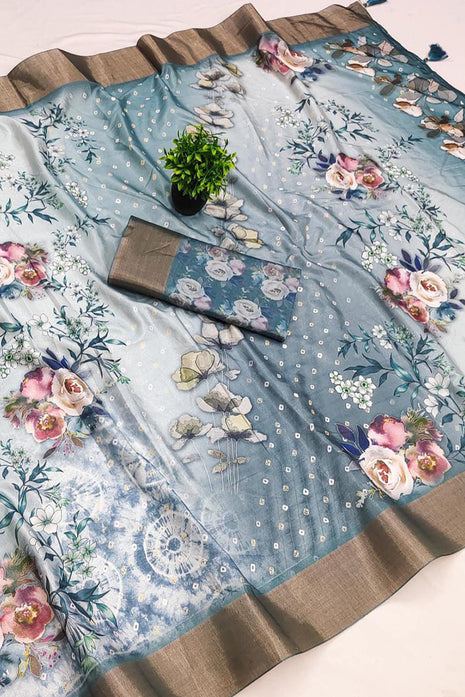 Apple Silk Sarees - Sky Blue with floral print