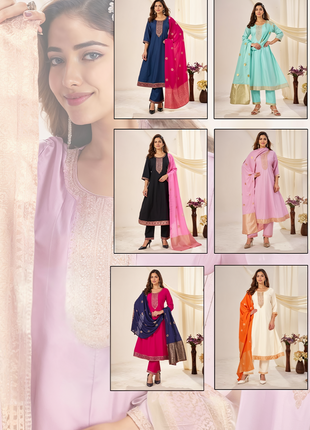 Elegant Roman Silk Suit with Jacquard Dupatta - LTK08 Pink with Blue Dupatta