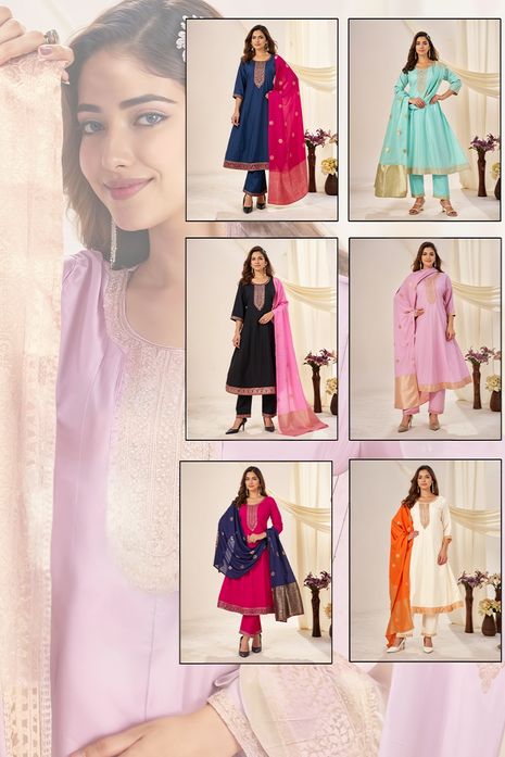 Elegant Roman Silk Suit with Jacquard Dupatta - LTK08 Pink with Blue Dupatta