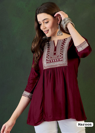 Trending Short Length Kurti with Embroidery Work - LTT22 Maroon