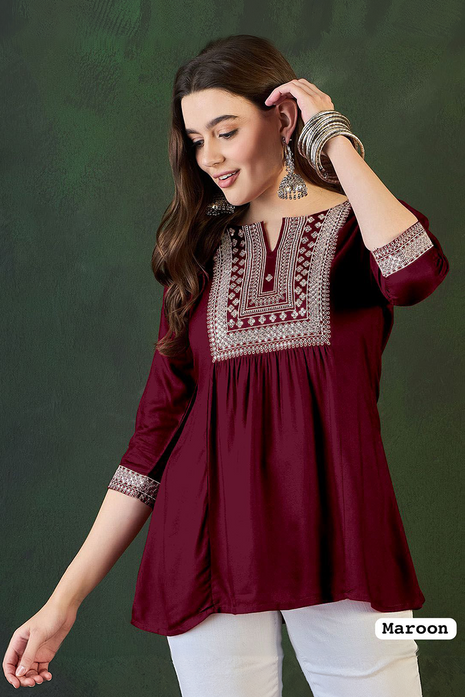 Trending Short Length Kurti with Embroidery Work - LTT22 Maroon
