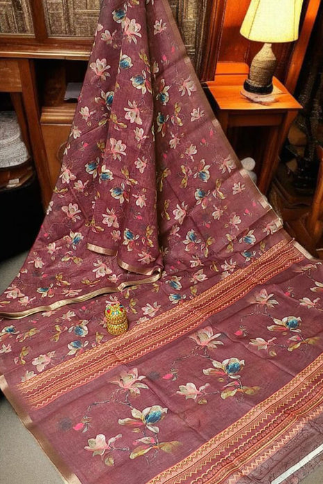 Handloom Floral Linen Soft Silk Cotton Saree - LTS106 Rust Orange