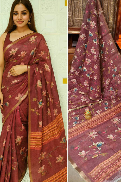 Handloom Floral Linen Soft Silk Cotton Saree - LTS106 Rust Orange