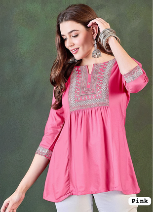 Trending Short Length Kurti with Embroidery Work - LTT21 Pink
