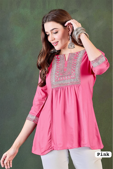 Trending Short Length Kurti with Embroidery Work - LTT21 Pink