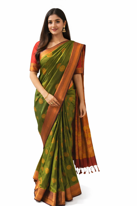 Kanchipuram Handloom Soft Silk Saree - LTS127 Olive Green & Maroon