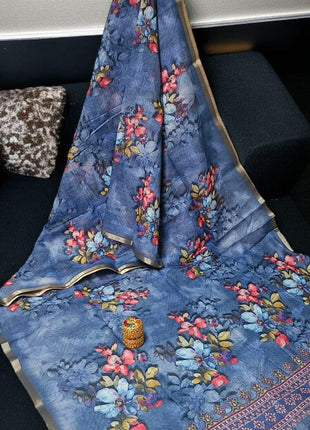 Handloom Floral Linen Soft Silk Cotton Saree - LTS105 Denim Blue