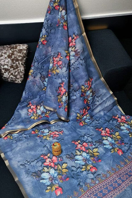 Handloom Floral Linen Soft Silk Cotton Saree - LTS105 Denim Blue