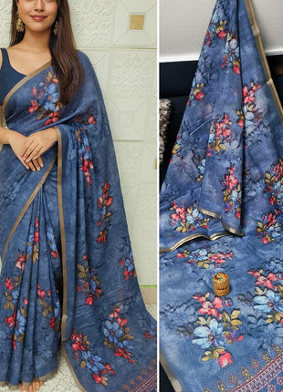 Handloom Floral Linen Soft Silk Cotton Saree - LTS105 Denim Blue