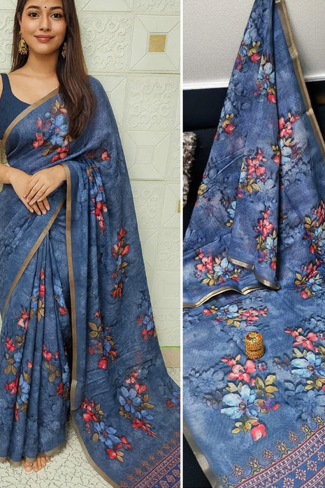 Handloom Floral Linen Soft Silk Cotton Saree - LTS105 Denim Blue