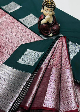 Kanchipuram Handloom Soft Silk Saree - LTS134 Dark Green & Brown