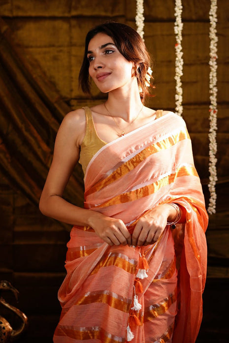 Exclusive Multi Colour Checked Type Saree - LTS79 Coral Orange