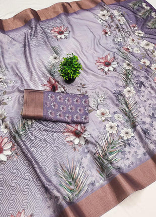 Apple Silk Sarees - Lavender Purple with floral print