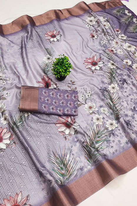 Apple Silk Sarees - Lavender Purple with floral print