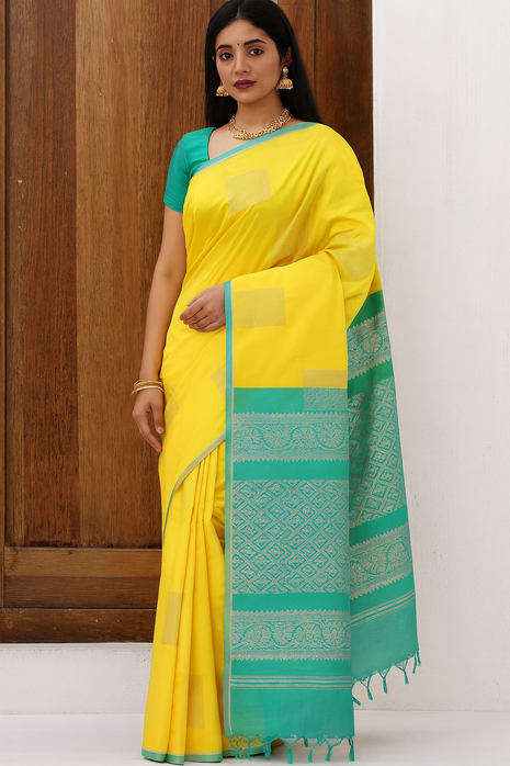 Fancy Soft Silk Saree Butta - Yellow And Seablue