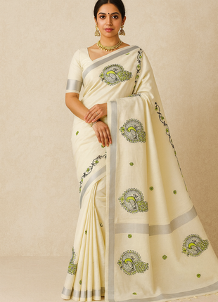 Kerala Silk Cotton Saree - LTS139 Silver Border Green