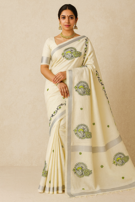 Kerala Silk Cotton Saree - LTS139 Silver Border Green