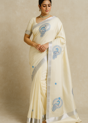 Kerala Silk Cotton Saree - LTS84 Silver border + Paisley motifs (Blue tone)