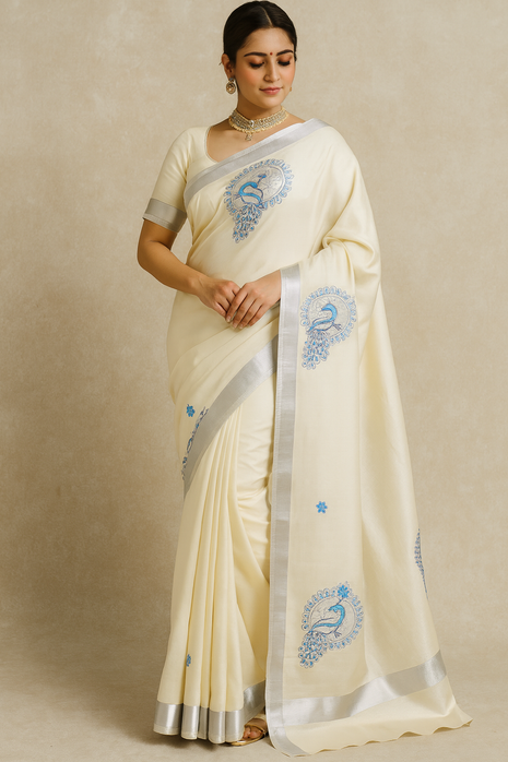 Kerala Silk Cotton Saree - LTS84 Silver border + Paisley motifs (Blue tone)